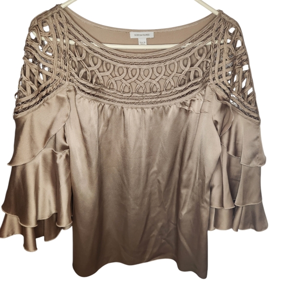 Boston Proper Beige/Tan Satin Long Sleeve Blouse Size 14 - Picture 1 of 4